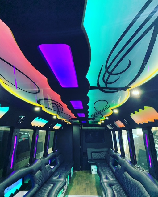 Party bus interior with colorful LED lighting